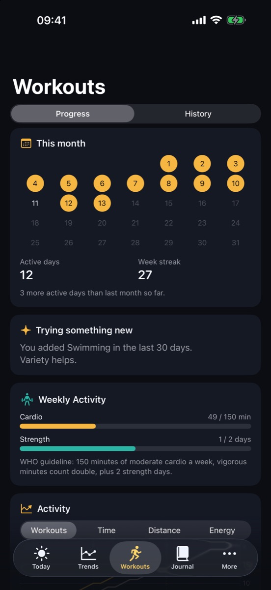 Workouts: month calendar and goals